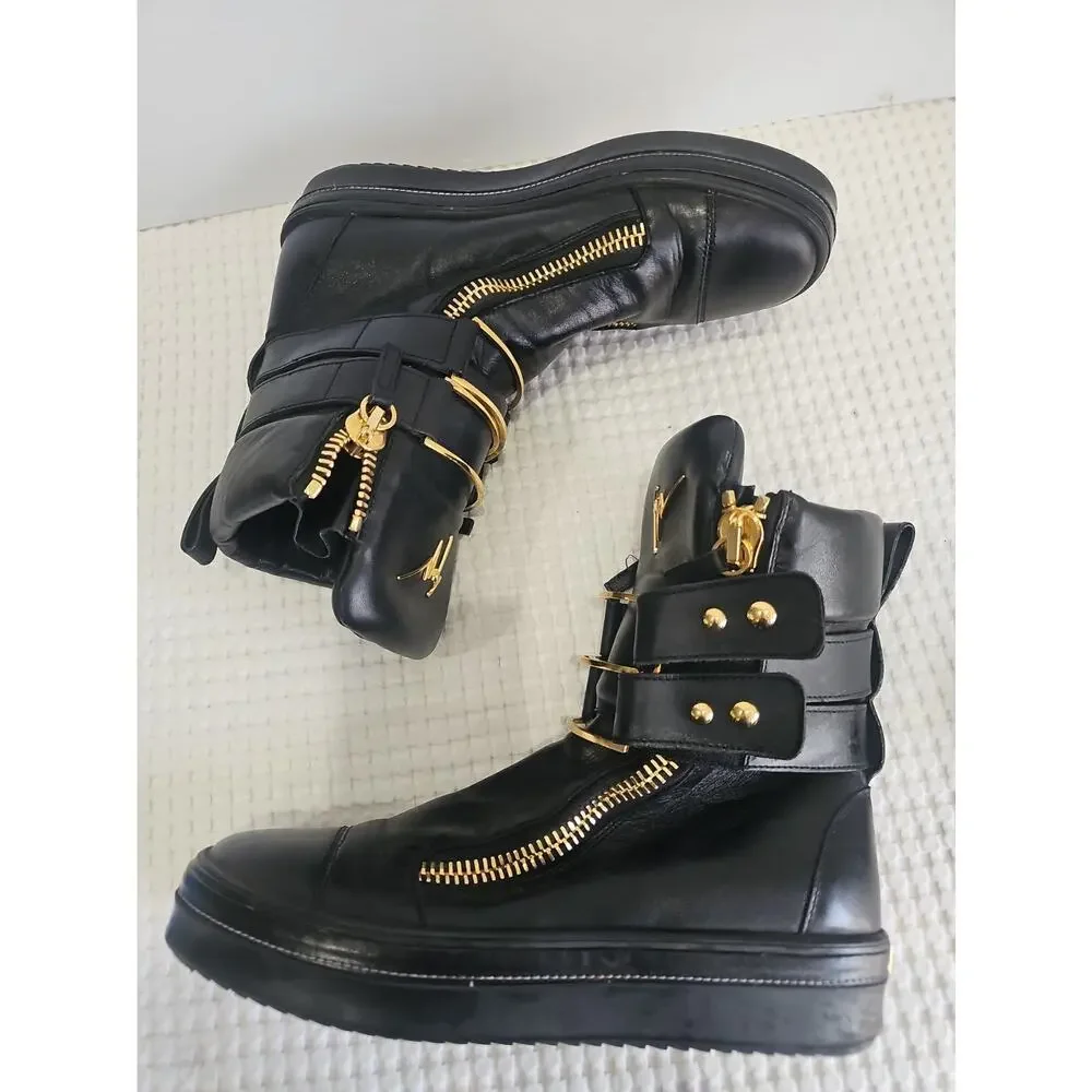 Giuseppe Zanotti Black Leather High Top Boot Sneakers Gold Zipper EU 43